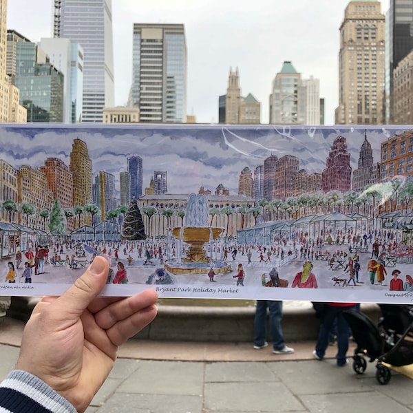 Bryant park famous holiday village and ice skaters New york, Manhattan , watercolor printed frame,  New York