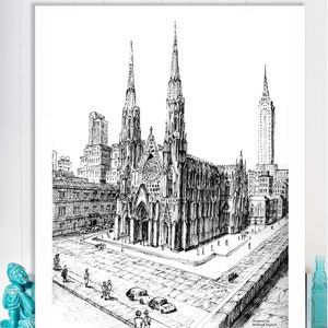 St Patrick&#39;s Cathedral New York Print Church ink pen ,NYC Church Architecture, print New York City ink New York Photography Travel Wall Art