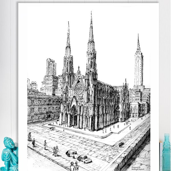 St Patrick's Cathedral New York Print Church ink pen ,NYC Church Architecture, print New York City ink New York Photography Travel Wall Art