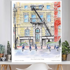 New York, West Village, Perry street in West Village, beautiful house ,Wall decor, Print, Water color, awarded artist made by Melixah