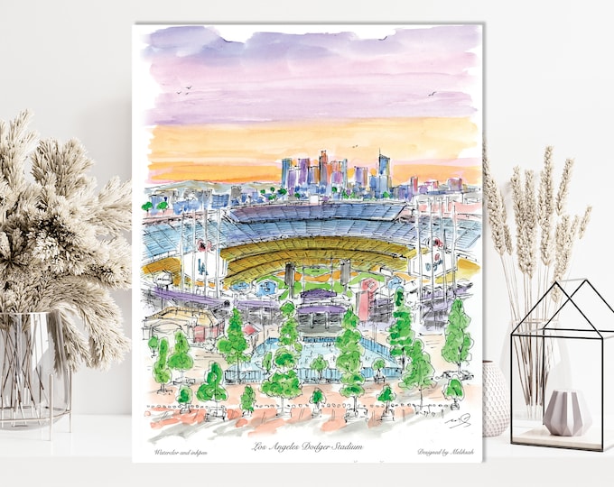 Dodger Stadium Los Angeles Dodgers Stadium Ballpark watercolor print  Baseball Wall Art Water color, art work, awarded artist Meliksah