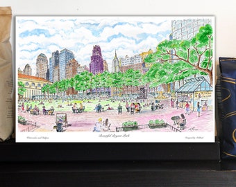 Bryant Park Spring  Panorama, Wall decor, Print, Water color, awarded artist Meliksah Soyturk