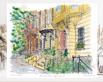 May include: Watercolour and ink illustration of brownstone houses on the Upper East Side of Manhattan, New York City. The illustration features a yellow building with a red door and a black iron fence.
