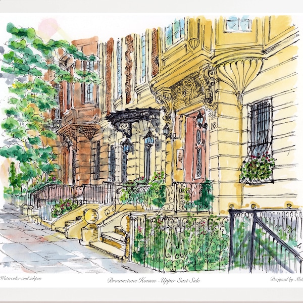 Upper East Side, Brownstone houses, NY houses, Newyorkprint, New york, Manhattan , watercolor printed,Art print, New York by Awarded Artist