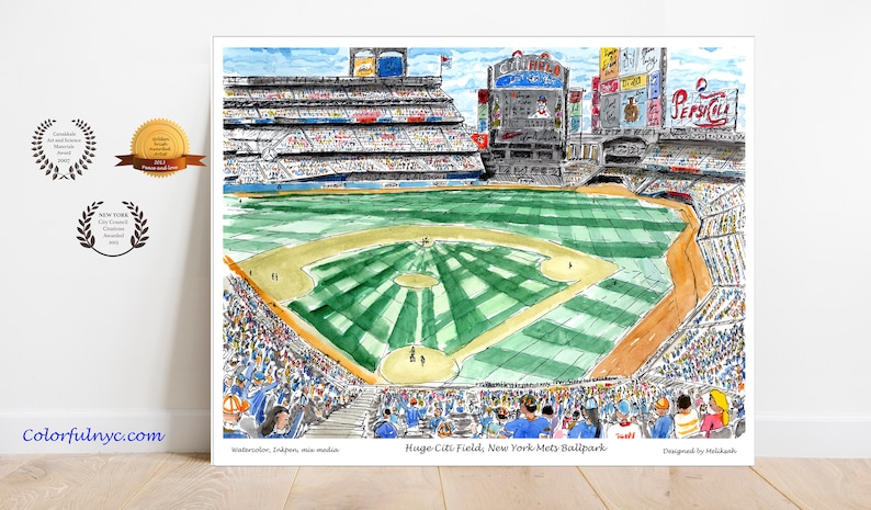 Huge Citi Field Newyork bicycles New york watercolor printed frame Manhattan New York Mets Ballpark New York by artist Melixah