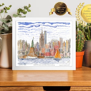 Best seller, Statue of Liberty smiles to sailors,New York,watercolor, cloud print, on clear display, by awarded  artist Melixah