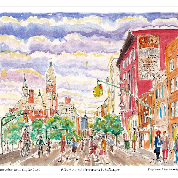 Greenwich Village, Greenwich Village famous place, New York, East village famous place, watercolor wall decor, wall decor by melixah