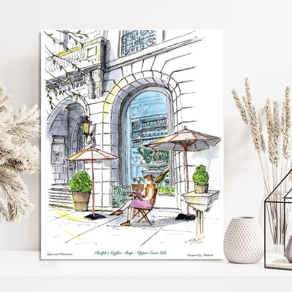 Upper East Side,  Ralph's Coffee , best East side coffee shop, Newyorkprint, New york, watercolor printed, New York by Awarded Artist