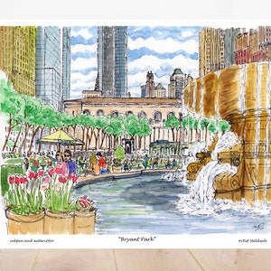 Bryant park , Bryant Park summer,Bryant park spring and lovers ,NewYork, Manhattan, watercolor printed frame,  New York