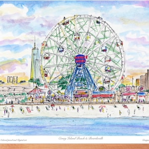 Coney Island Beach & Boardwalk,Cooney Island, Brooklyn, Wall decor, NYC print ,Print, Water color,awarded artist Meliksah, Digital print.