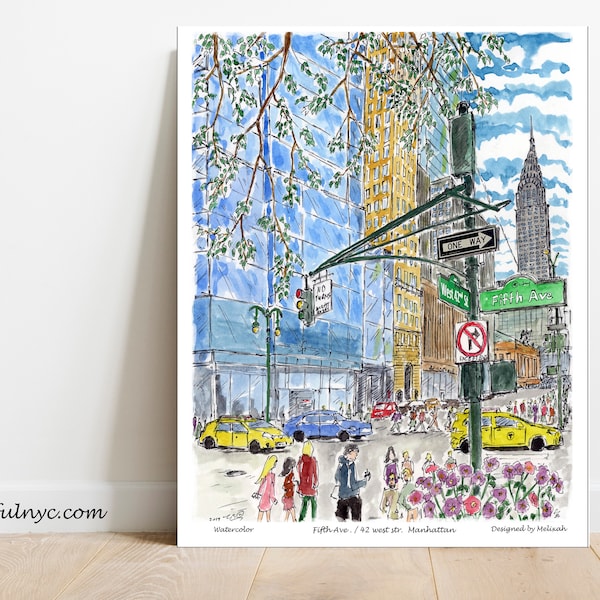 5th ave, Chrysler Building, Fifth avenue , frees hipping and free packing ,print , New York, drawing unique ,New York by Awarded artist