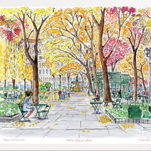 Fall in Bryant Park, Print ,Fall season, Unique watercolor ,New York, unique artwork, cloud print,decor, by awarded  artist Melixah
