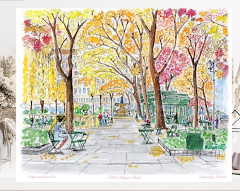 Fall in Bryant Park, Print ,Fall season, Unique watercolor ,New York, unique artwork, cloud print,decor, by awarded  artist Melixah