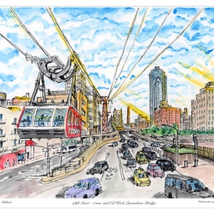 Ed Koch Queensboro Bridge and 59 east street 2 ave, Watercolor and ink-pen, Manhattan , watercolor ,unique print, by artist Melixah