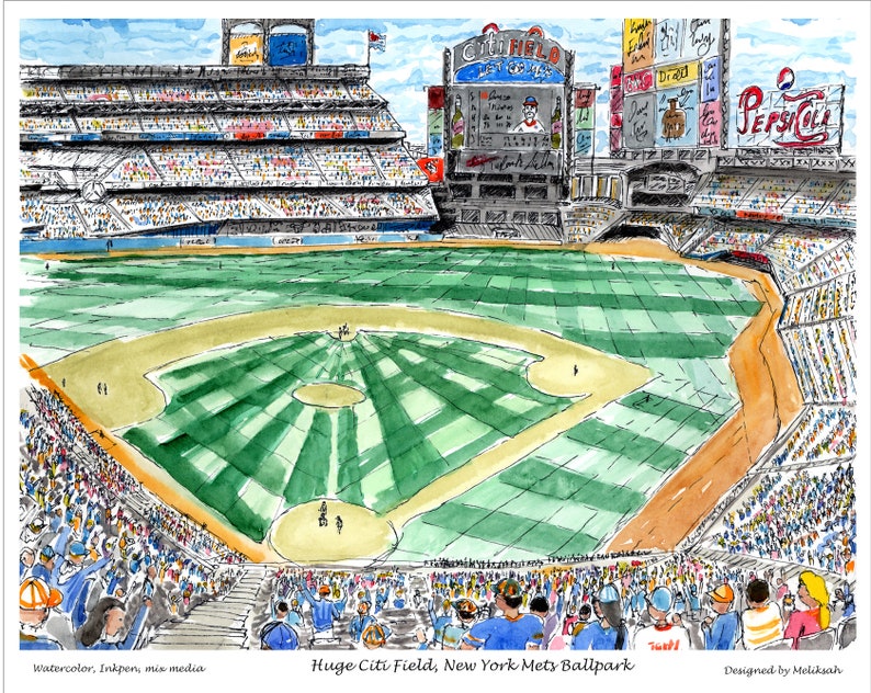 Huge Citi Field Newyork bicycles New york watercolor printed frame Manhattan New York Mets Ballpark New York by artist Melixah