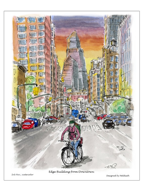 Edge Sketch New York NYC Etsy City New York Poster, Panoramic Downtown, - NY Edge, Building Skyline, Artwork, York New Watercolor, Poster,