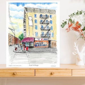 East Village, downtown 1 Ave,New york print ,Wall decor, Print, Water color, designed painted awarded artist Meliksah