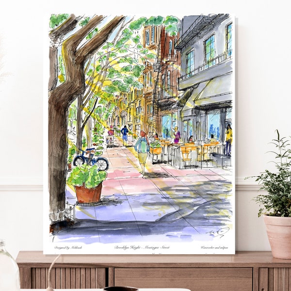 Brooklyn Heights, History of Montague Street, The Brooklyn Heights Historic District , Brooklyn bridge watercolor print, designed by Melixah