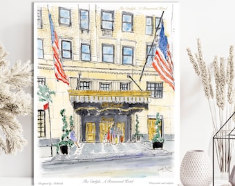 The Carlyle Hotel , Carlyle hotel watercolor  and print, A Rosewood Hotel, New York, by awarded  artist Melixah