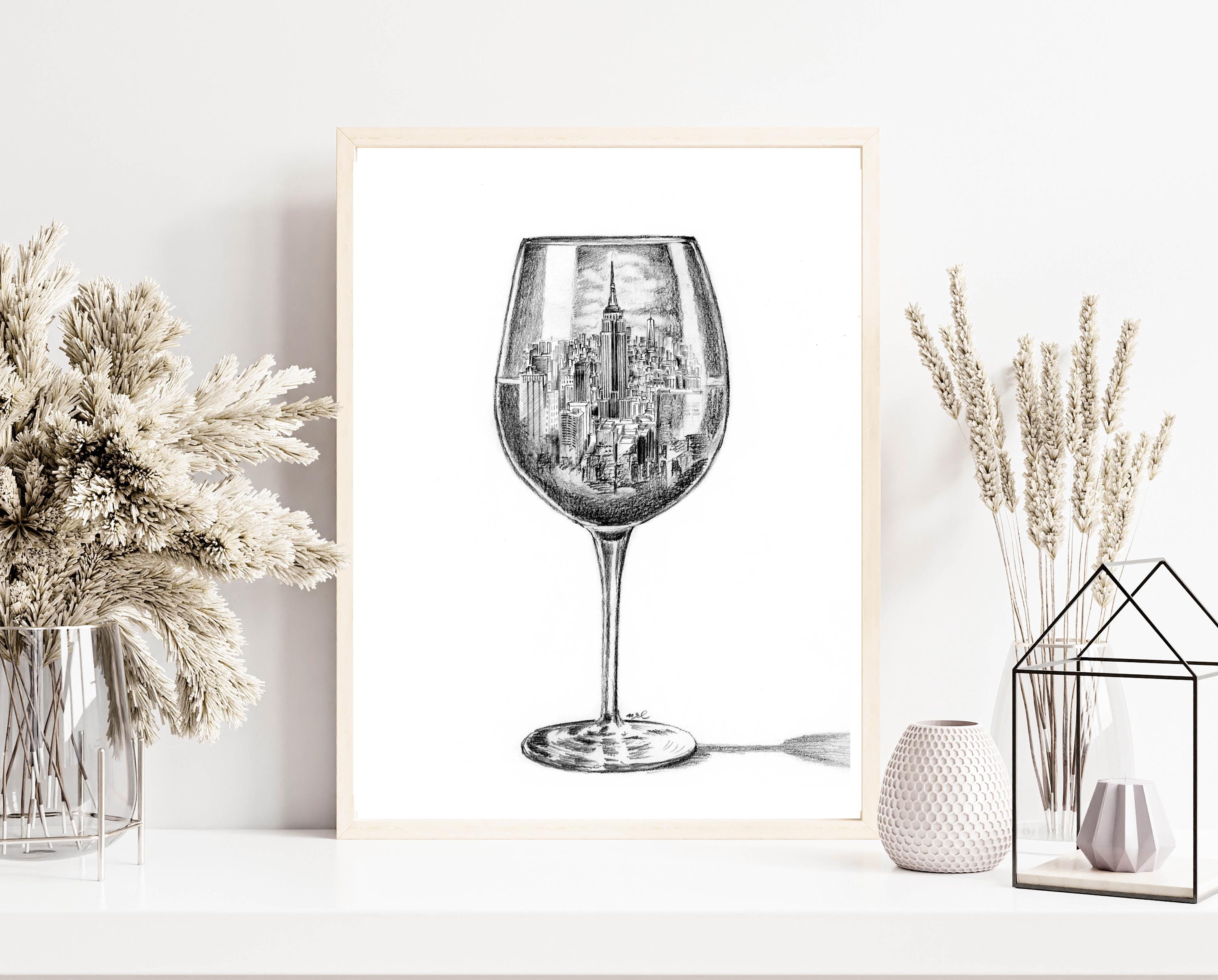 Vine glass drawing with Skyline , Black and white print, Empire State in  vine glass, New York drawing, drawing unique, by artist Melixah