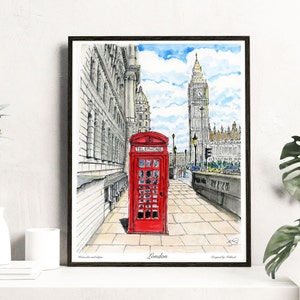 London traditional travel print - England, London poster, Big Ben print, watercolor print, Birthday present, London print,  artist Melixah
