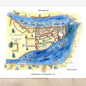 Old Manhattan, New Amsterdam 1664,  Special map, New York, The Brooklyn Bridge, Bagel and Coffee, cloud print, by awarded  artist Melixah