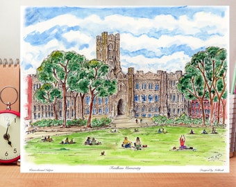 Fordham University,Fordham neighborhood , Free shipping, Wall decor ,Inkpen, Print, Water color,awarded artist Meliksah Soyturk