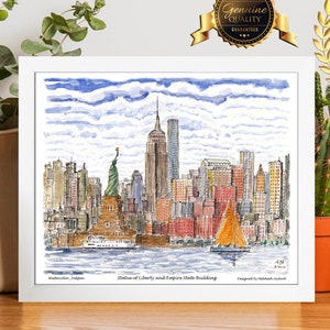 Statue of Liberty smiles to sailors,New York,watercolor,unique artwork, cloud print, on clear display, by awarded  artist Melixah