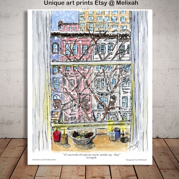 New York and snowing,New York beautiful houses and snowing, Wall decor, watercolor and Inkpen, Print, Water color, awarded artist Meliksah