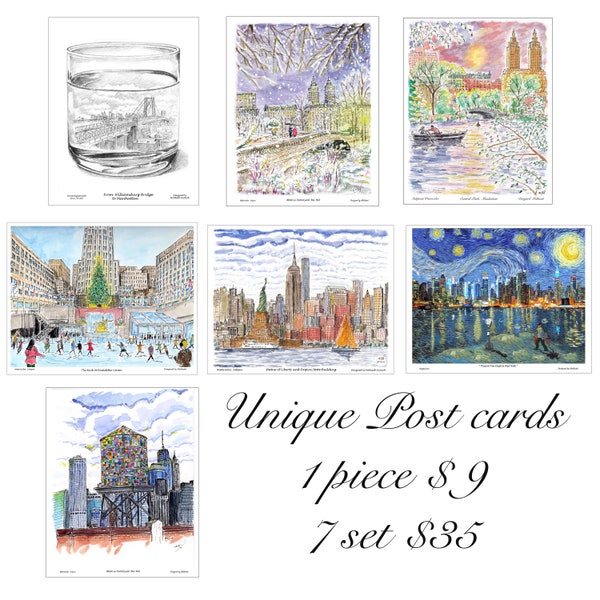 New York, Birthday card set, 7 pieces unique, Postcard, Christmas  Card, special post card, New York postcard, Christmas card