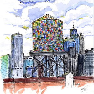 New York water tower, New York print, stay at home ,Wall decor, Print, Water color,awarded artist Meliksah Soyturk ,Digital print.