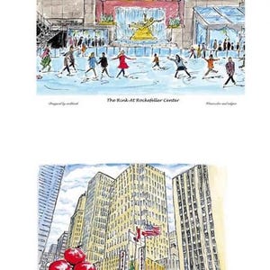 Christmas in New York | Ice Skating Art | New York Skyline | NYC Wall Art | NYC Watercolor | Gallery Wall Set | Giclee, Rockefeller
