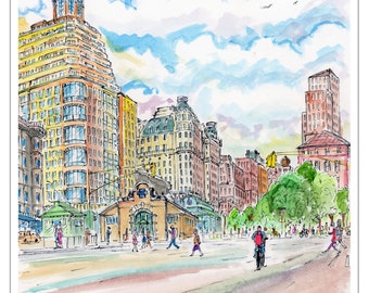 Upper West Side, Beautiful old, 72 nd Boradway Subway entrance, New York,watercolor, cloud print,New York City, by awarded  artist Melixah