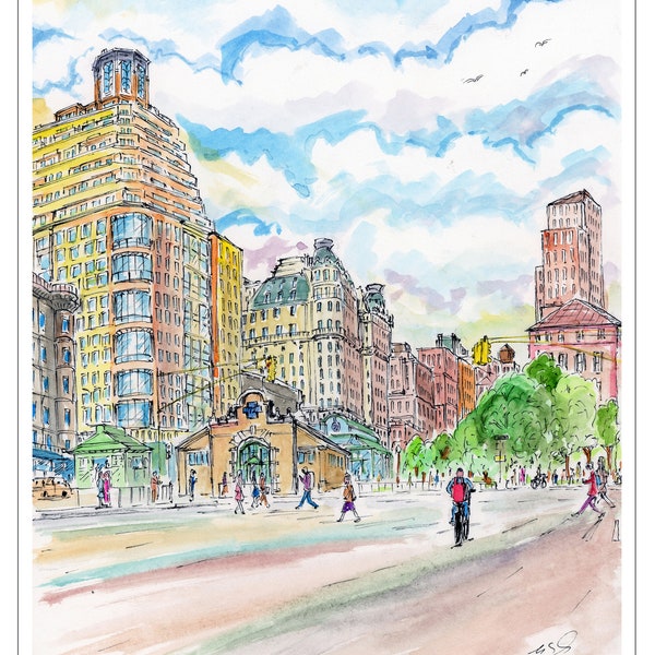 Upper West Side, Beautiful old, 72 nd Boradway Subway entrance, New York,watercolor, cloud print,New York City, by awarded  artist Melixah