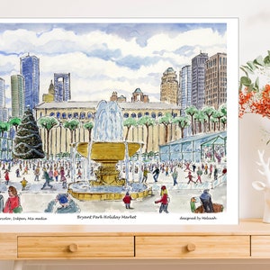 Bryant Park holiday village  in New York, in tube ,watercolor print,  New York by artist Melixah