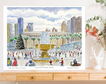 Bryant Park holiday village  in New York, in tube ,watercolor print,  New York by artist Melixah