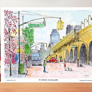 May include: Watercolor painting of a street scene in Sunnyside, Queens, New York. The painting depicts a street intersection with a bus, cars, pedestrians, and a yellow elevated train structure. The street sign reads "42 Street".