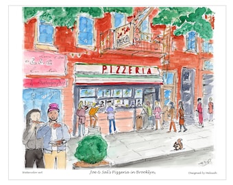 May include: A watercolour illustration of Joe & Sal's Pizzeria in Brooklyn, New York. The pizzeria has a red brick facade with a green awning that reads "PIZZERIA". There are people queuing outside the pizzeria, and two people are eating pizza in the foreground.