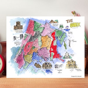 Bronx,Bronx map, New York city, Bronx zoo, Yankee, Wall decor, New York print ,Print, Water color,awarded artist Meliksah, Digital print.