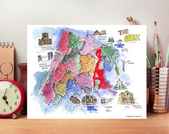 Bronx,Bronx map, New York city, Bronx zoo, Yankee, Wall decor, New York print ,Print, Water color,awarded artist Meliksah, Digital print.