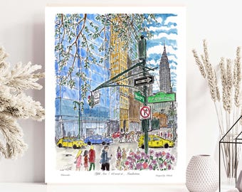 5th ave, fifth avenue , Chrysler Building, Fifth avenue ,watercolor print ,print , New York, drawing unique ,New York by Awarded artist