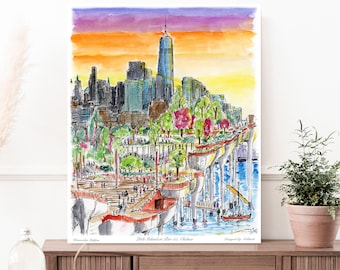 Little Island Chelsea, Chelsea pier 55, Chelsea pier , Chelsea unique market in Manhattan ,watercolor print ,  New York by artist Melixah