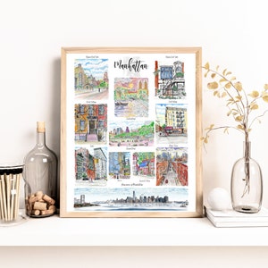 May include: A watercolor illustration of different landmarks in Manhattan, New York City. The illustration is divided into 12 squares, each depicting a different location, including Central Park, the East Village, and the Brooklyn Bridge. The title "Manhattan" is written in black cursive at the top of the illustration.