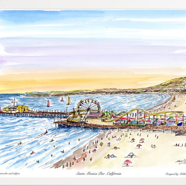 Santa Monica pier,Santa Monica , California , California print ,watercolor print Art Water color, art work, awarded artist Meliksah