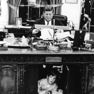 President John F. Kennedy & Son at Resolute Desk in Oval Office - 5X7, 8X10 or 11X14 Photo (AA-195)