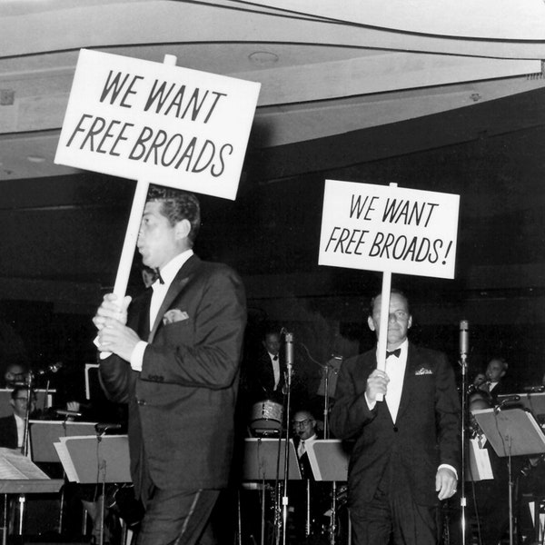 Dean Martin & Frank Sinatra Carry Signs Demanding "Free Broads" in Their Las Vegas Rat Pack Show  5X7, 8X10 or 11X14 Photo (DA-403) [LG-081]