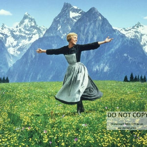 May include: A woman in a white dress with a black bodice and a white apron is standing in a field of yellow flowers. She is smiling and has her arms outstretched. The mountains are in the background.