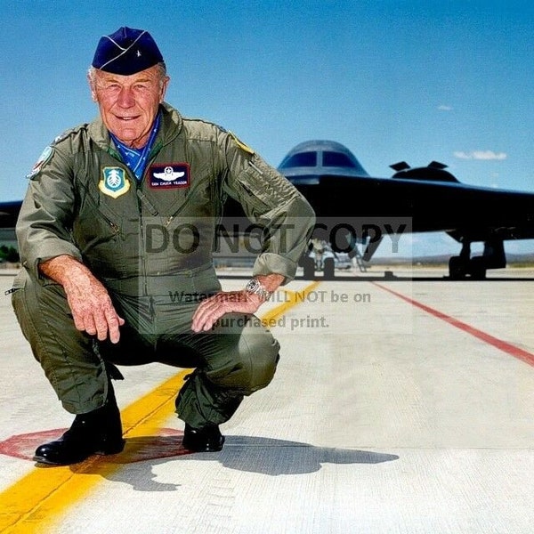 Chuck Yeager with Stealth Fighter Bomber Aircraft in Background- 5X7 or 8X10 Photo (BB-126)