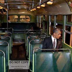 Barack Obama on Rosa Parks Bus Photo - Henry Ford Museum Print