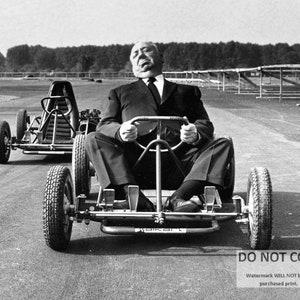 Alfred Hitchcock On A Go-Cart (Legendary Director) - 5X7, 8X10 or 11X14 Publicity Photo (WW-181)